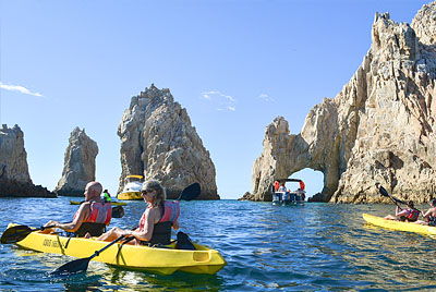 Glass bottom kayak in Los Cabos at the Arch, also snorkel in the paradise of baja